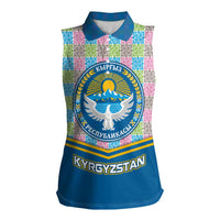 Kyrgyzstan Colorful Patchwork Pattern Women Sleeveless Polo Shirt with National Crest and Flag Accents