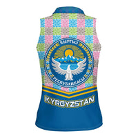 Kyrgyzstan Colorful Patchwork Pattern Women Sleeveless Polo Shirt with National Crest and Flag Accents