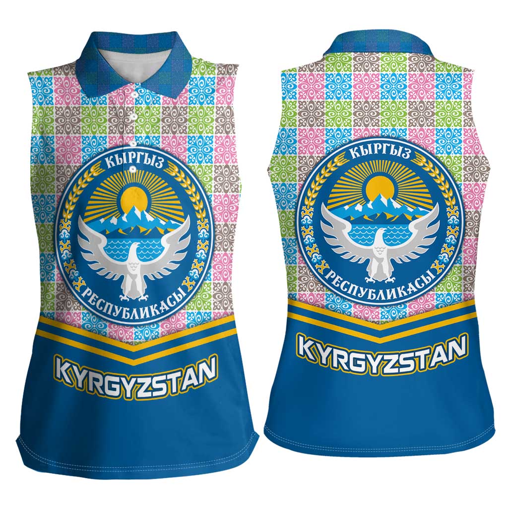 Kyrgyzstan Colorful Patchwork Pattern Women Sleeveless Polo Shirt with National Crest and Flag Accents