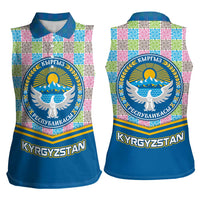 Kyrgyzstan Colorful Patchwork Pattern Women Sleeveless Polo Shirt with National Crest and Flag Accents
