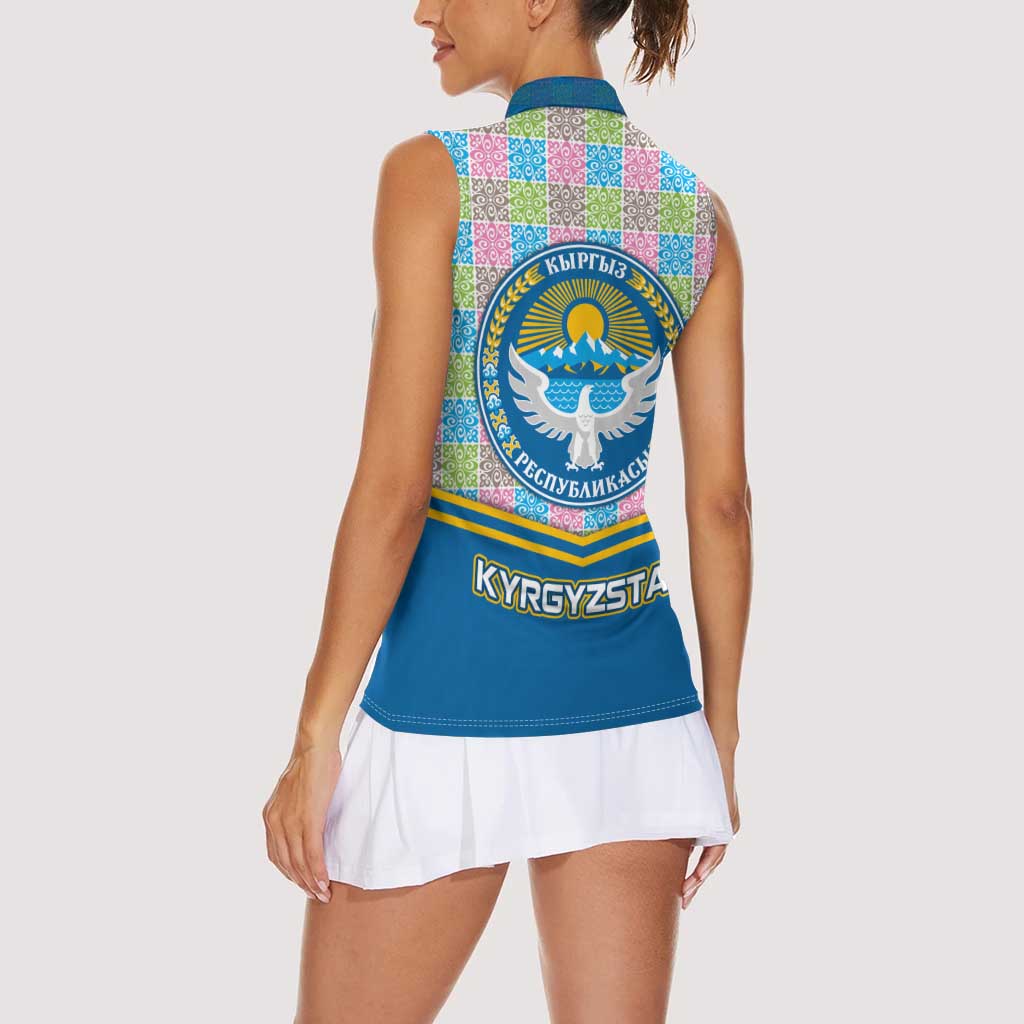 Kyrgyzstan Colorful Patchwork Pattern Women Sleeveless Polo Shirt with National Crest and Flag Accents