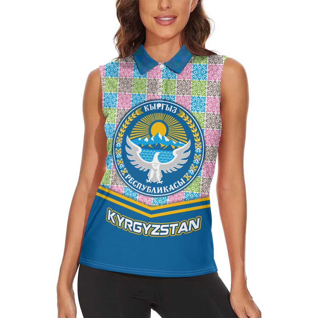 Kyrgyzstan Colorful Patchwork Pattern Women Sleeveless Polo Shirt with National Crest and Flag Accents