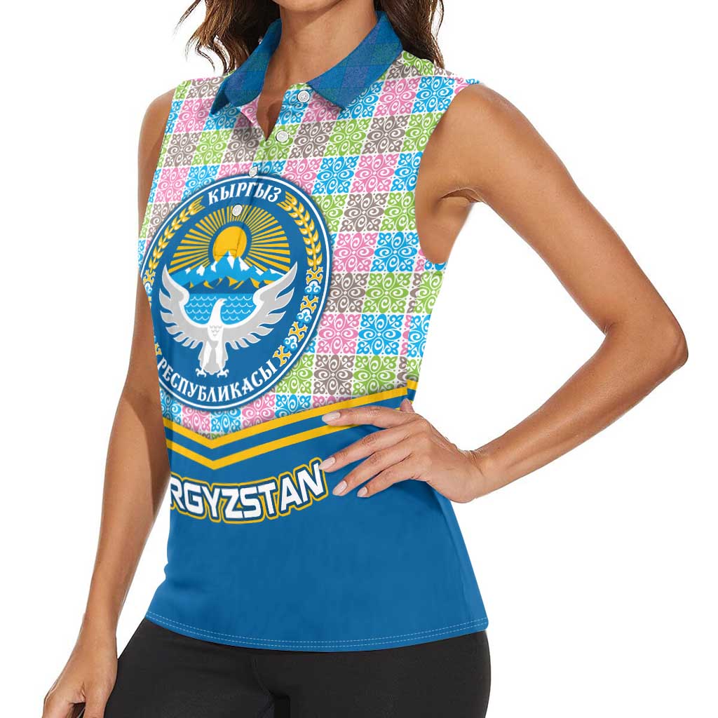 Kyrgyzstan Colorful Patchwork Pattern Women Sleeveless Polo Shirt with National Crest and Flag Accents