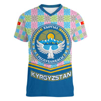 Kyrgyzstan Colorful Patchwork Pattern Women V-Neck T-Shirt with National Crest and Flag Accents
