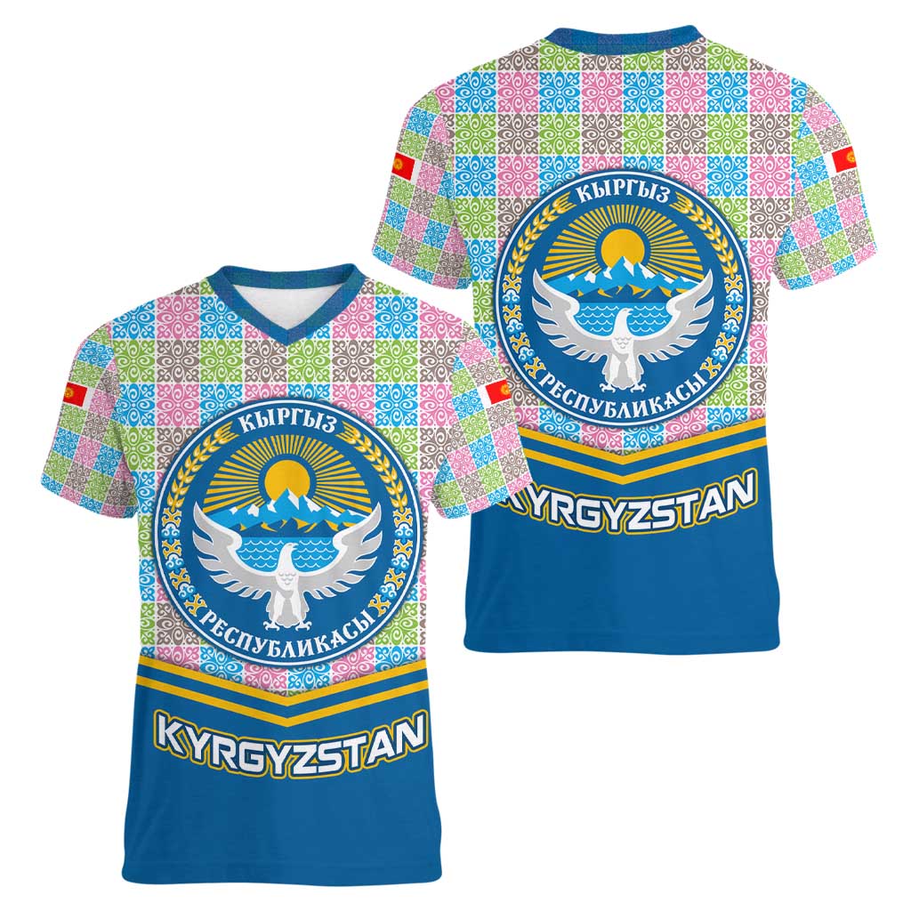 Kyrgyzstan Colorful Patchwork Pattern Women V-Neck T-Shirt with National Crest and Flag Accents