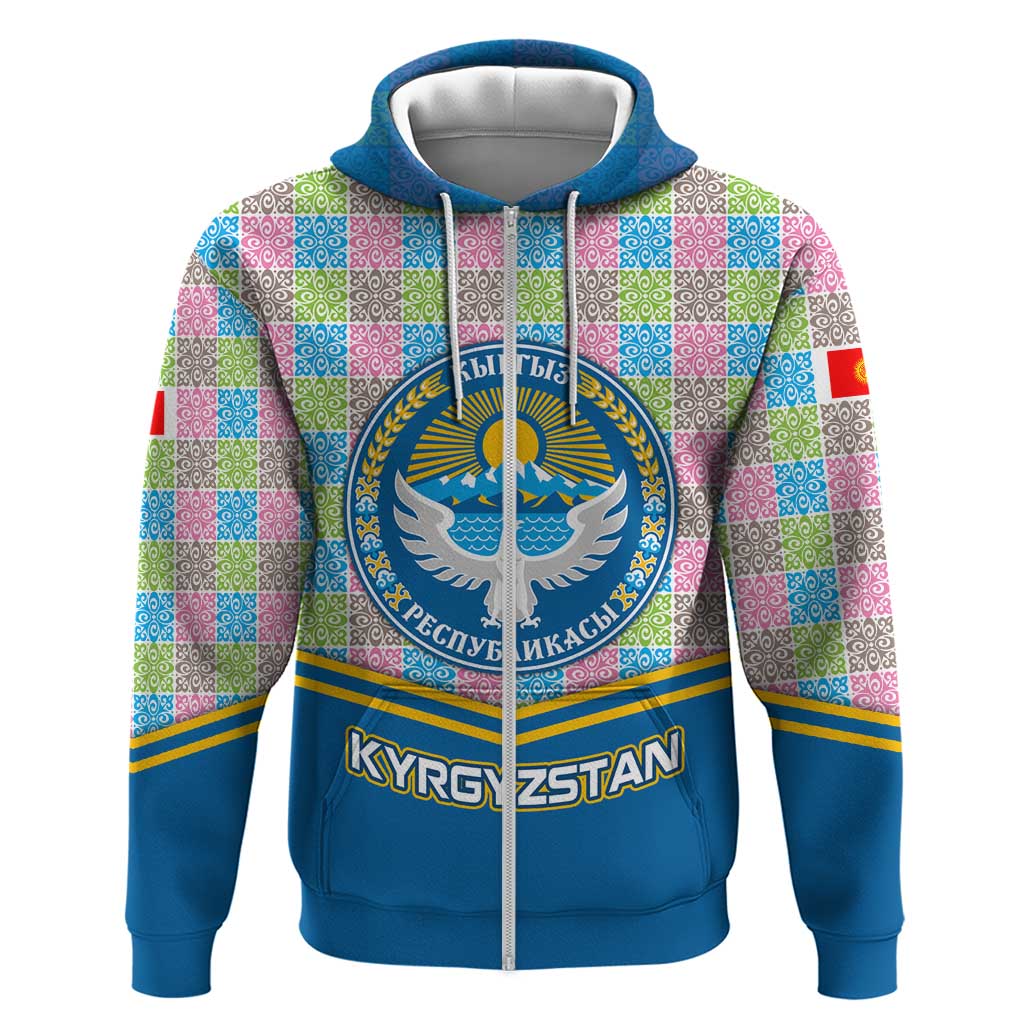 Kyrgyzstan Colorful Patchwork Pattern Zip Hoodie with National Crest and Flag Accents