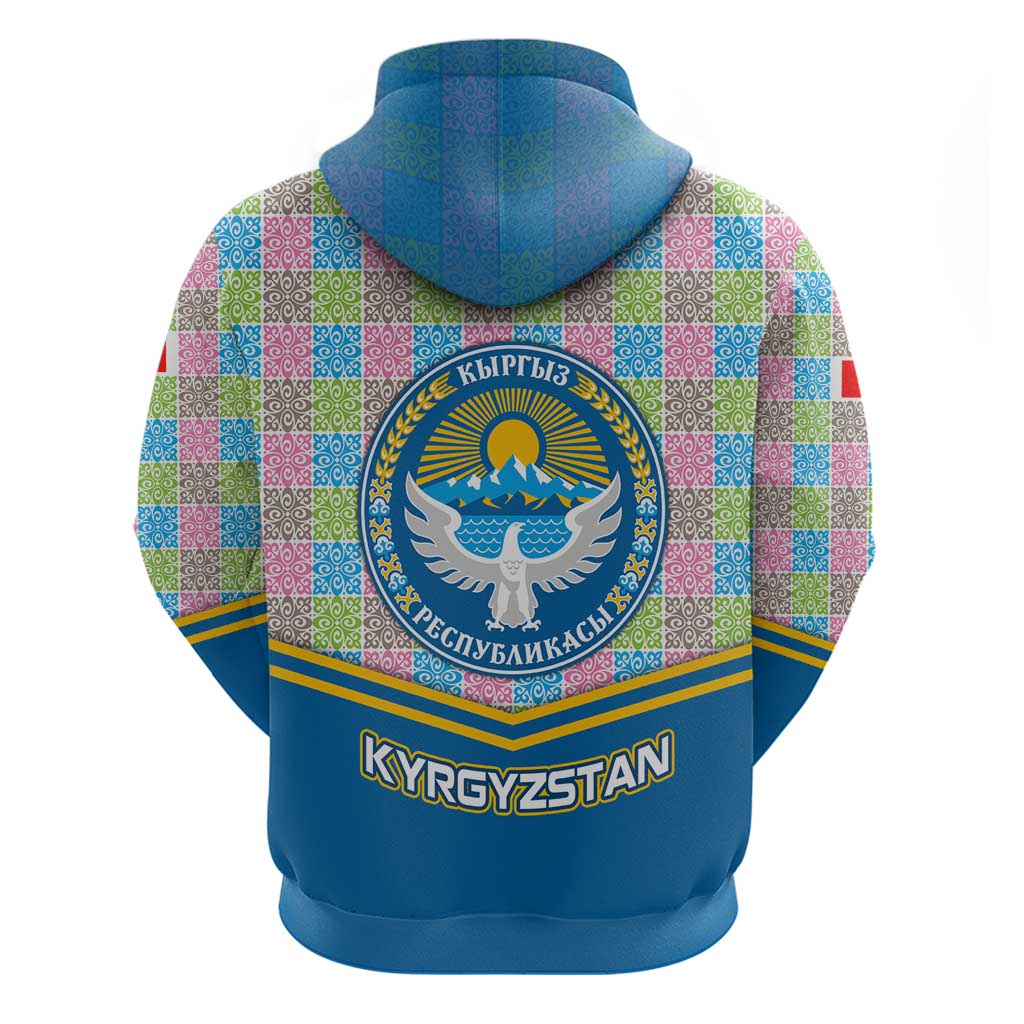 Kyrgyzstan Colorful Patchwork Pattern Zip Hoodie with National Crest and Flag Accents