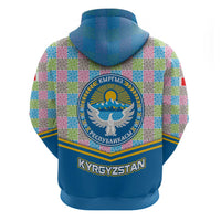 Kyrgyzstan Colorful Patchwork Pattern Zip Hoodie with National Crest and Flag Accents