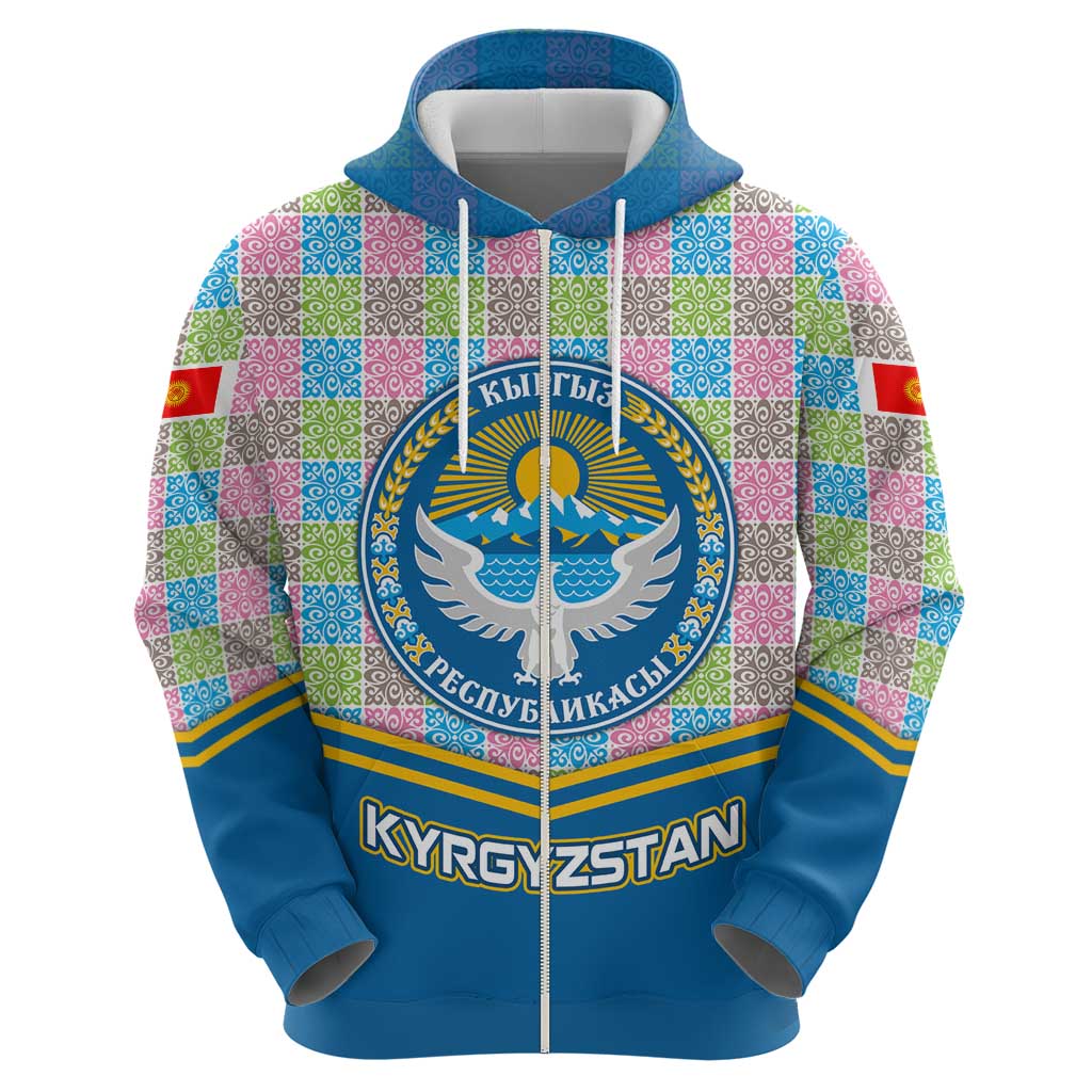 Kyrgyzstan Colorful Patchwork Pattern Zip Hoodie with National Crest and Flag Accents