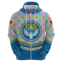 Kyrgyzstan Colorful Patchwork Pattern Zip Hoodie with National Crest and Flag Accents
