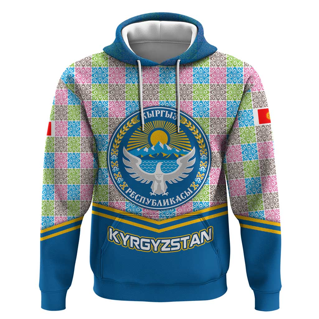 Kyrgyzstan Colorful Patchwork Pattern Zip Hoodie with National Crest and Flag Accents