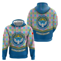 Kyrgyzstan Colorful Patchwork Pattern Zip Hoodie with National Crest and Flag Accents