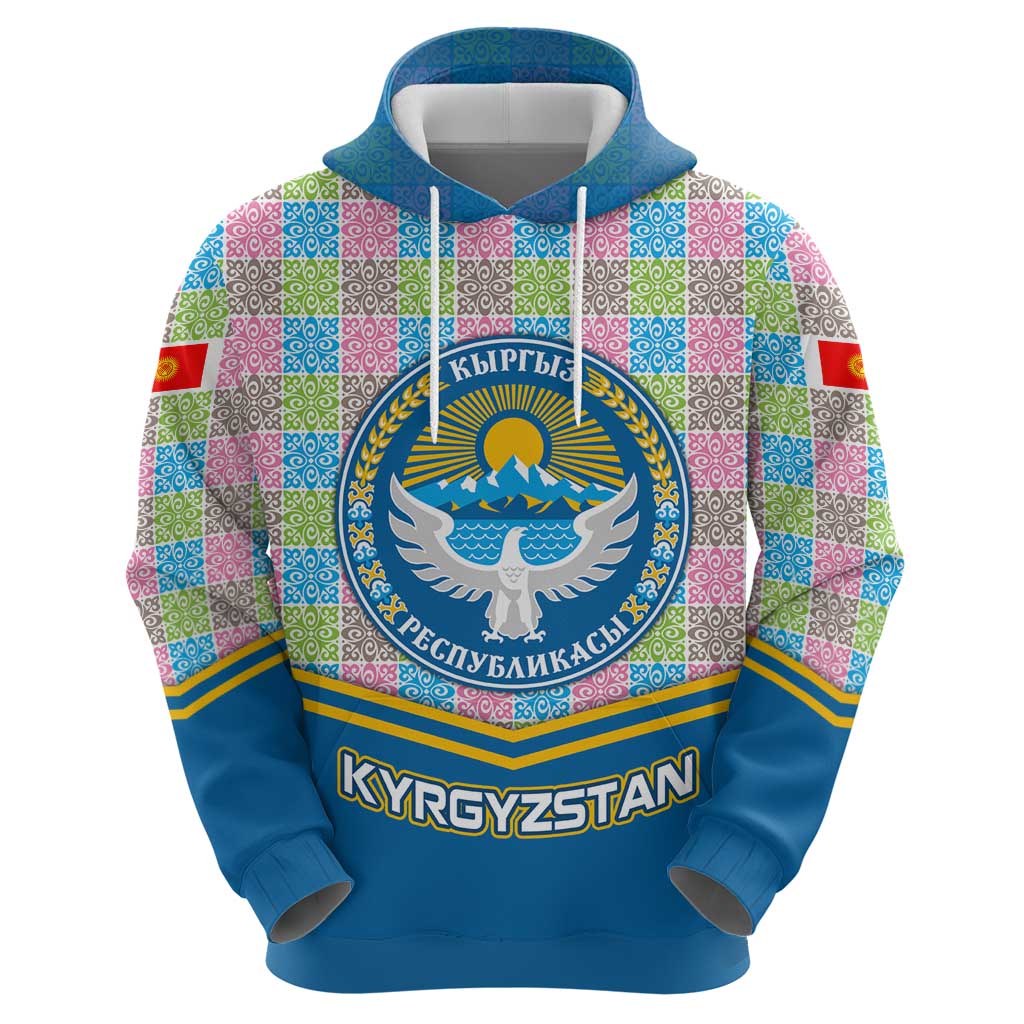 Kyrgyzstan Colorful Patchwork Pattern Zip Hoodie with National Crest and Flag Accents