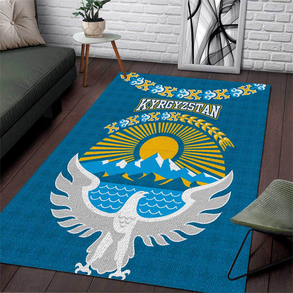 Kyrgyzstan Mountain Sunrise Area Rug with Blue with Eagle, Sun, and National Flag Design