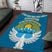 Kyrgyzstan Mountain Sunrise Area Rug with Blue with Eagle, Sun, and National Flag Design