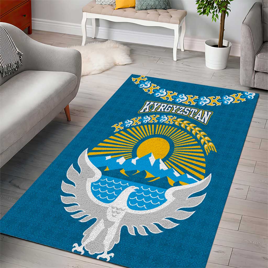 Kyrgyzstan Mountain Sunrise Area Rug with Blue with Eagle, Sun, and National Flag Design