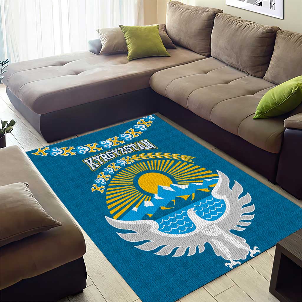 Kyrgyzstan Mountain Sunrise Area Rug with Blue with Eagle, Sun, and National Flag Design