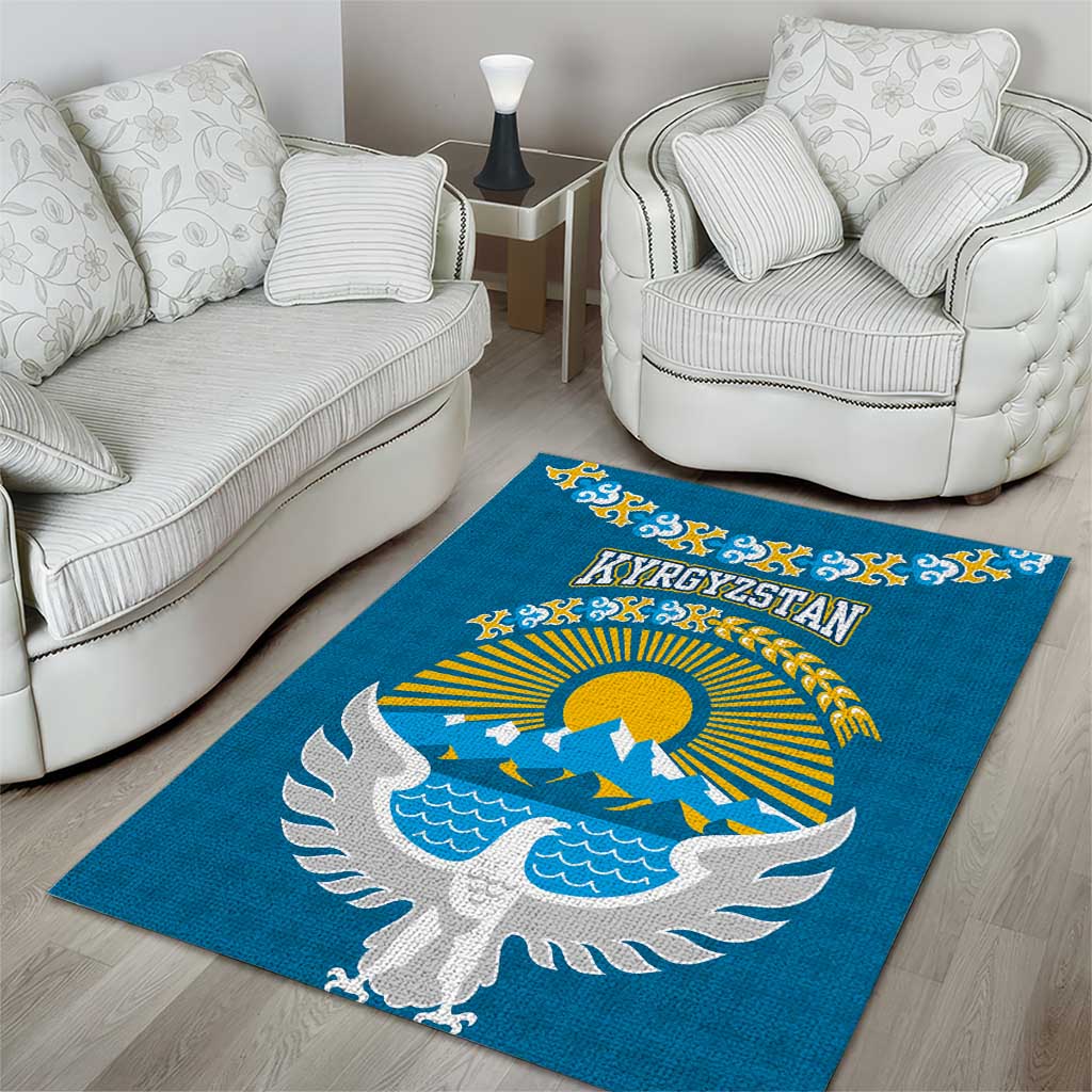 Kyrgyzstan Mountain Sunrise Area Rug with Blue with Eagle, Sun, and National Flag Design