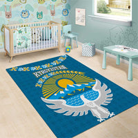 Kyrgyzstan Mountain Sunrise Area Rug with Blue with Eagle, Sun, and National Flag Design