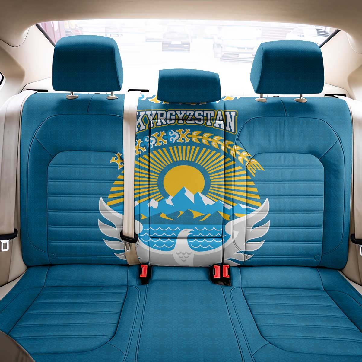 Kyrgyzstan Mountain Sunrise Back Car Seat Cover with Blue with Eagle, Sun, and National Flag Design