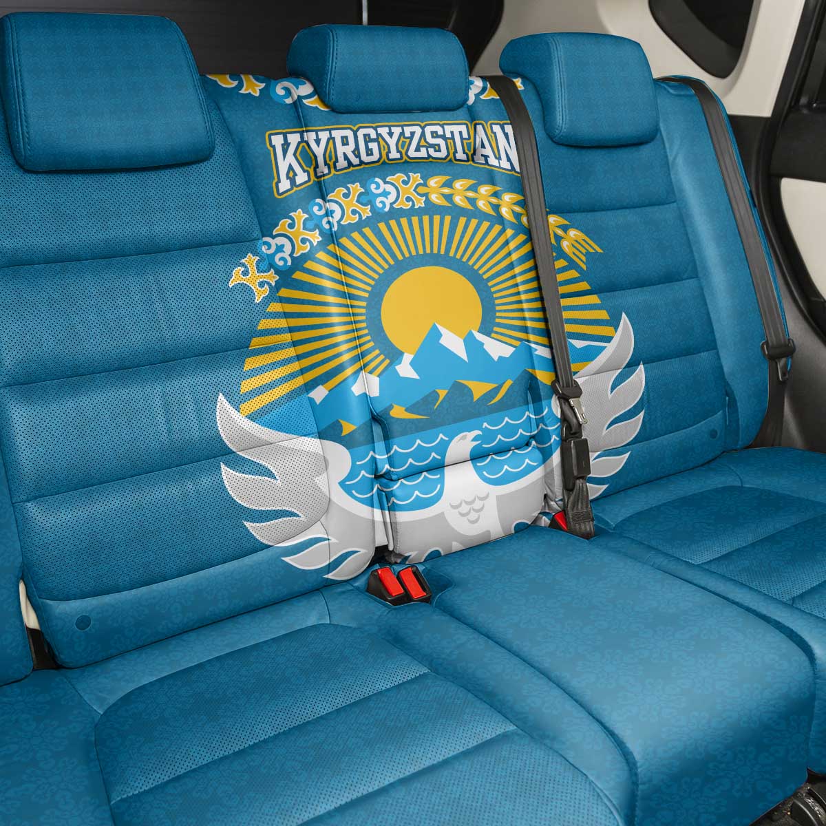 Kyrgyzstan Mountain Sunrise Back Car Seat Cover with Blue with Eagle, Sun, and National Flag Design