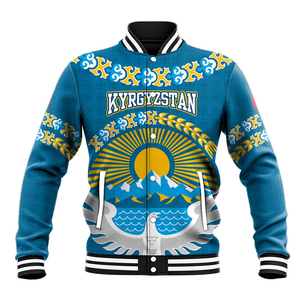 Kyrgyzstan Mountain Sunrise Baseball Jacket with Blue with Eagle, Sun, and National Flag Design