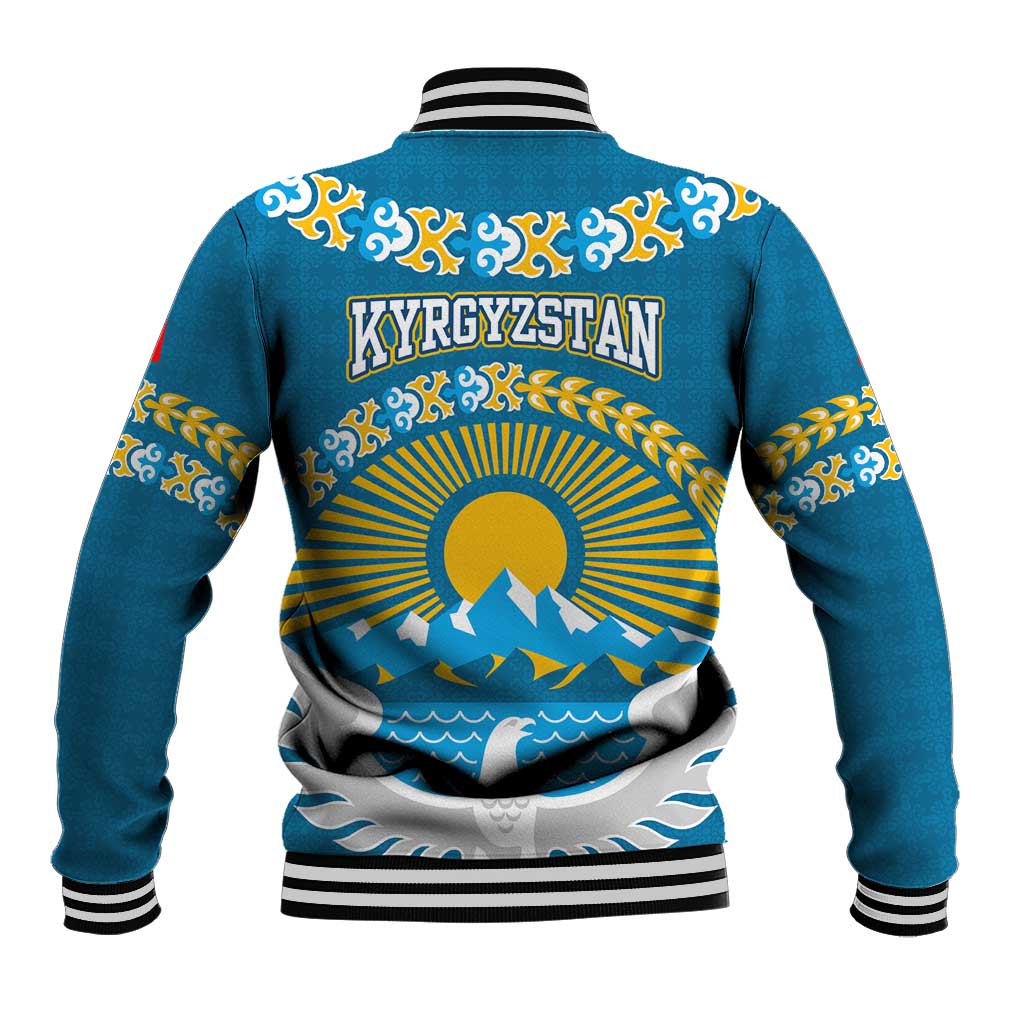 Kyrgyzstan Mountain Sunrise Baseball Jacket with Blue with Eagle, Sun, and National Flag Design