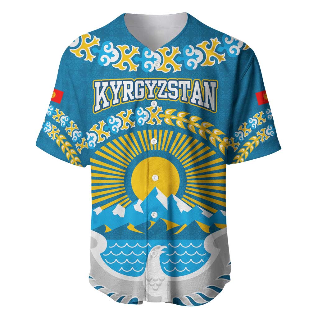 Kyrgyzstan Mountain Sunrise Baseball Jersey with Blue with Eagle, Sun, and National Flag Design