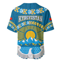 Kyrgyzstan Mountain Sunrise Baseball Jersey with Blue with Eagle, Sun, and National Flag Design