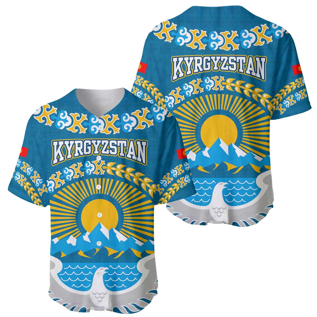Kyrgyzstan Mountain Sunrise Baseball Jersey with Blue with Eagle, Sun, and National Flag Design