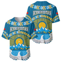 Kyrgyzstan Mountain Sunrise Baseball Jersey with Blue with Eagle, Sun, and National Flag Design