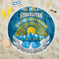 Kyrgyzstan Mountain Sunrise Beach Blanket with Blue with Eagle, Sun, and National Flag Design