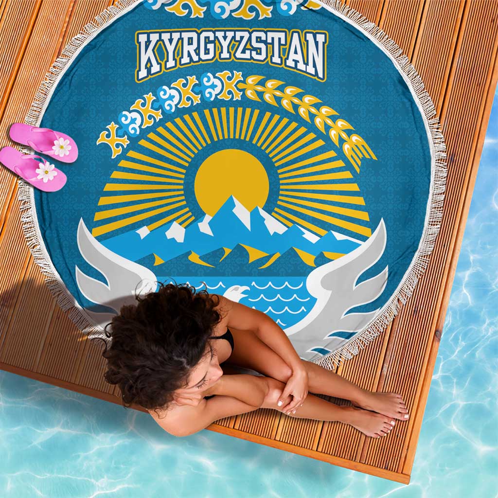 Kyrgyzstan Mountain Sunrise Beach Blanket with Blue with Eagle, Sun, and National Flag Design