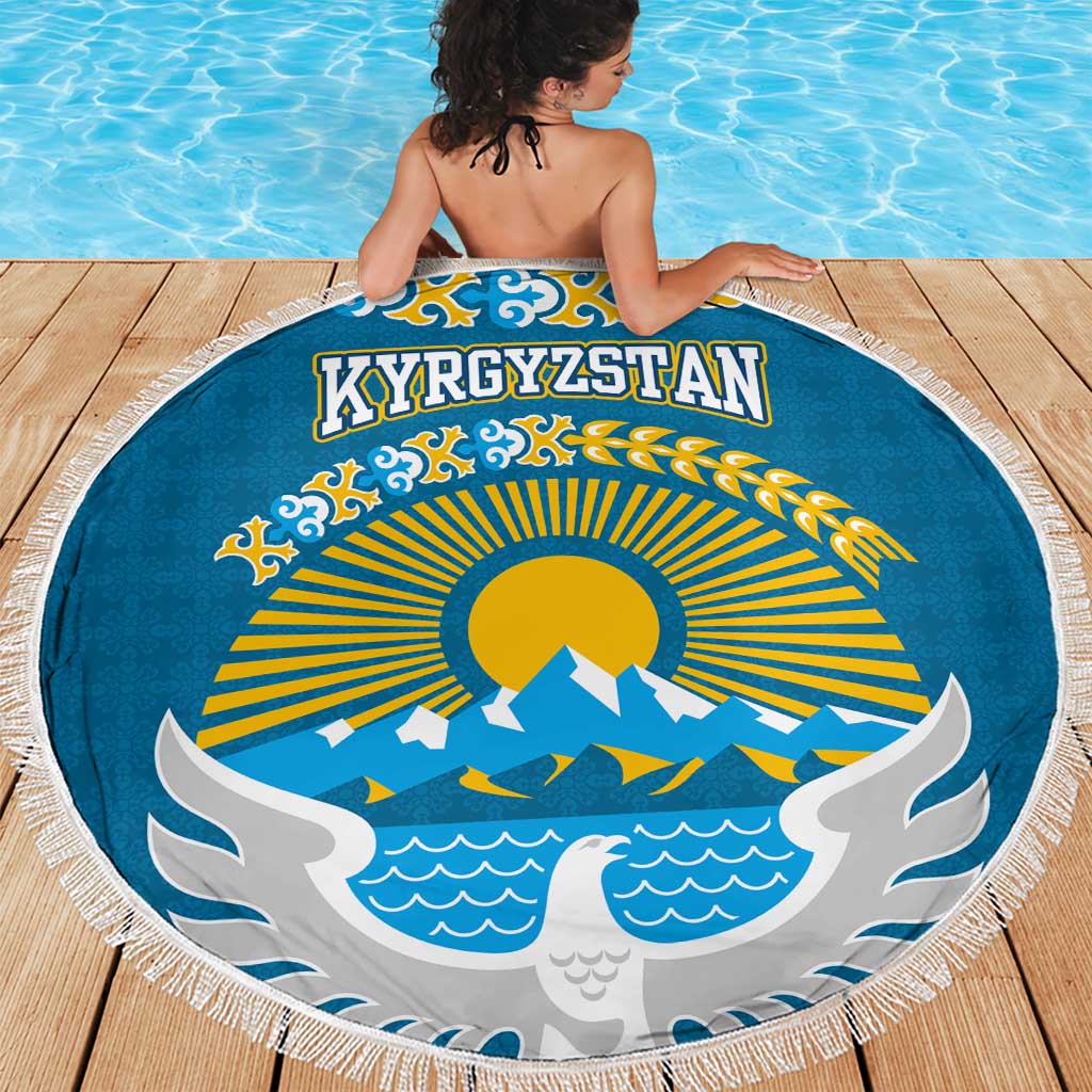Kyrgyzstan Mountain Sunrise Beach Blanket with Blue with Eagle, Sun, and National Flag Design