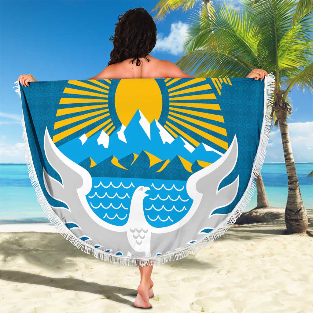 Kyrgyzstan Mountain Sunrise Beach Blanket with Blue with Eagle, Sun, and National Flag Design
