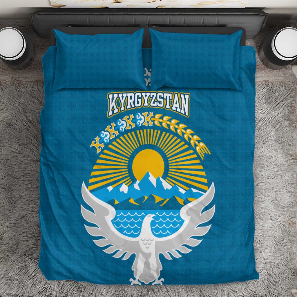 Kyrgyzstan Mountain Sunrise Bedding Set with Blue with Eagle, Sun, and National Flag Design