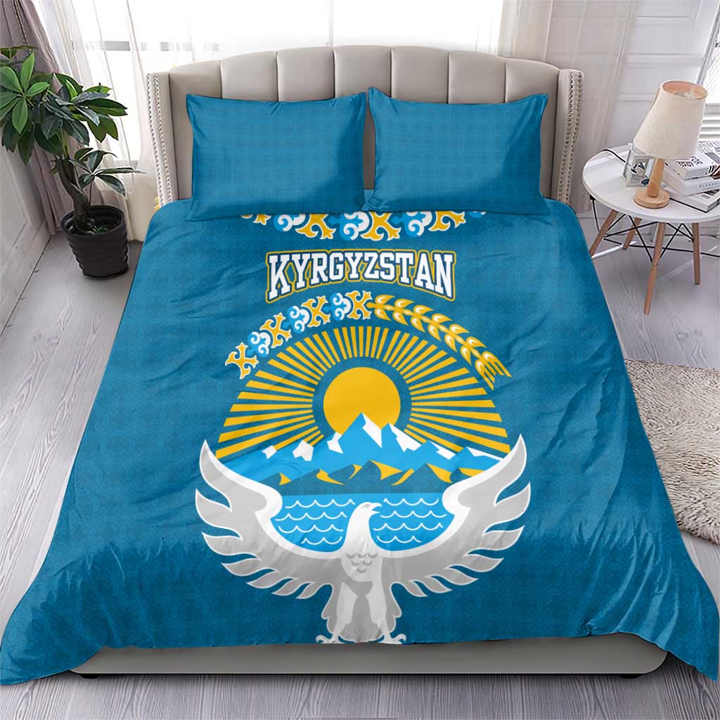 Kyrgyzstan Mountain Sunrise Bedding Set with Blue with Eagle, Sun, and National Flag Design