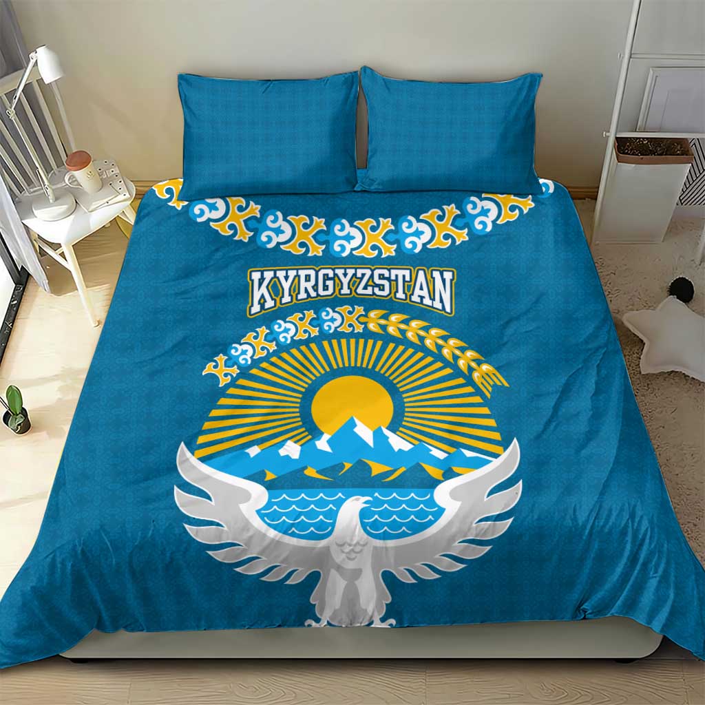 Kyrgyzstan Mountain Sunrise Bedding Set with Blue with Eagle, Sun, and National Flag Design