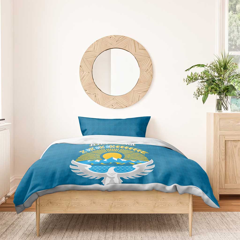Kyrgyzstan Mountain Sunrise Bedding Set with Blue with Eagle, Sun, and National Flag Design