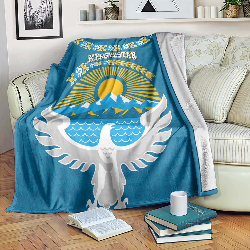 Kyrgyzstan Mountain Sunrise Blanket with Blue with Eagle, Sun, and National Flag Design
