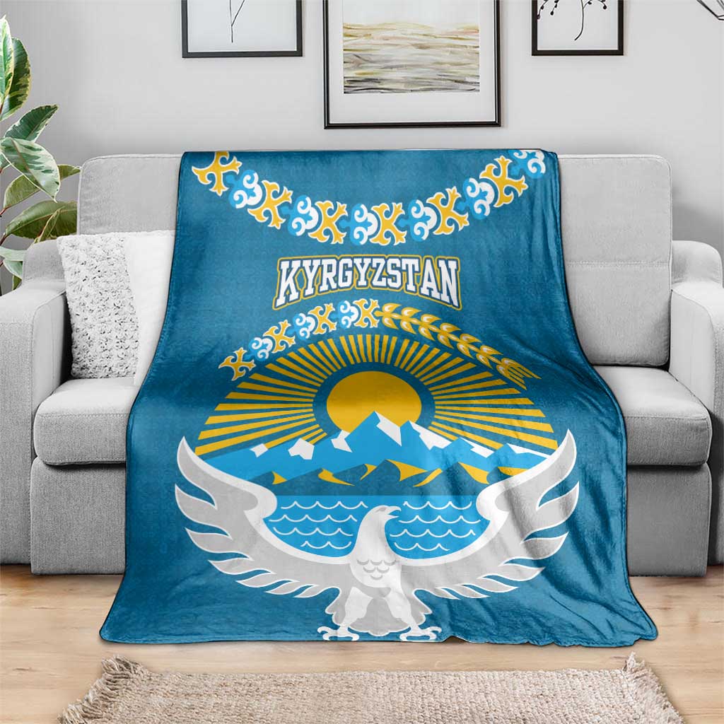 Kyrgyzstan Mountain Sunrise Blanket with Blue with Eagle, Sun, and National Flag Design
