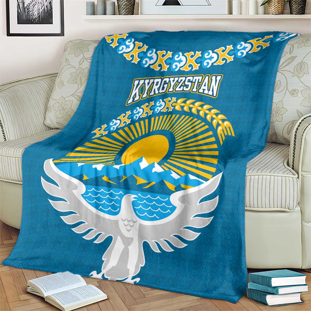 Kyrgyzstan Mountain Sunrise Blanket with Blue with Eagle, Sun, and National Flag Design