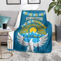 Kyrgyzstan Mountain Sunrise Blanket with Blue with Eagle, Sun, and National Flag Design