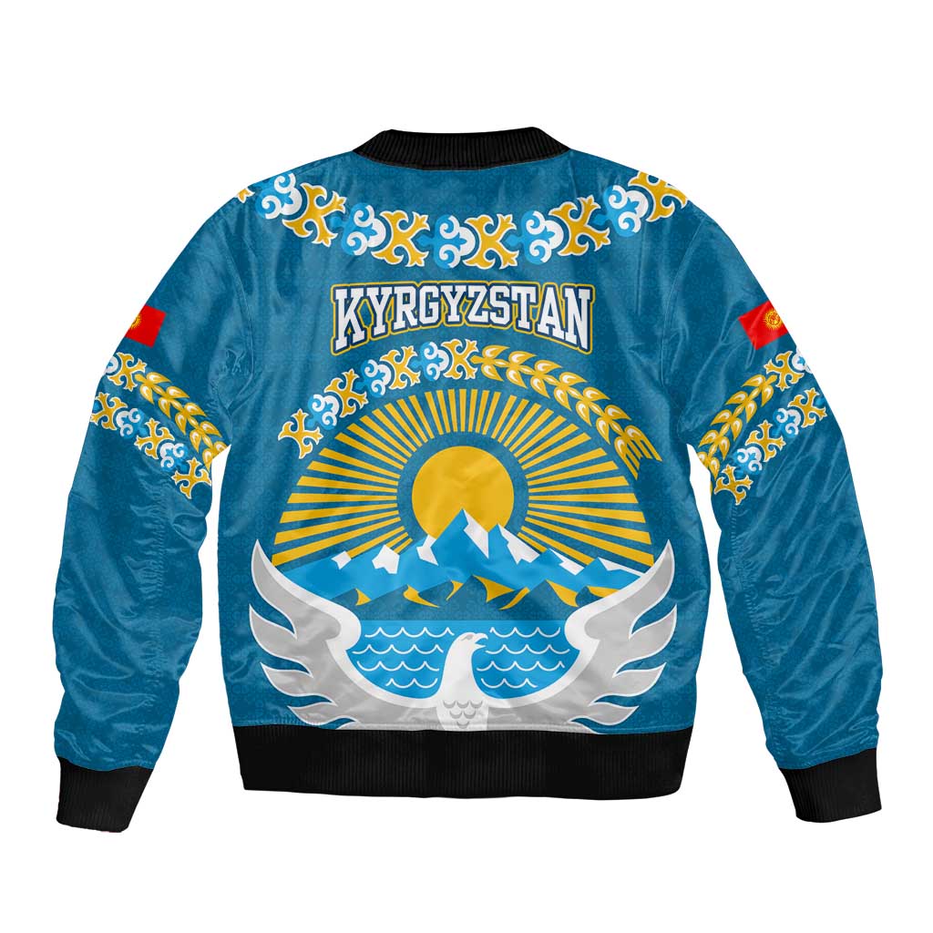 Kyrgyzstan Mountain Sunrise Bomber Jacket with Blue with Eagle, Sun, and National Flag Design