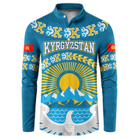 Kyrgyzstan Mountain Sunrise Button Sweatshirt with Blue with Eagle, Sun, and National Flag Design