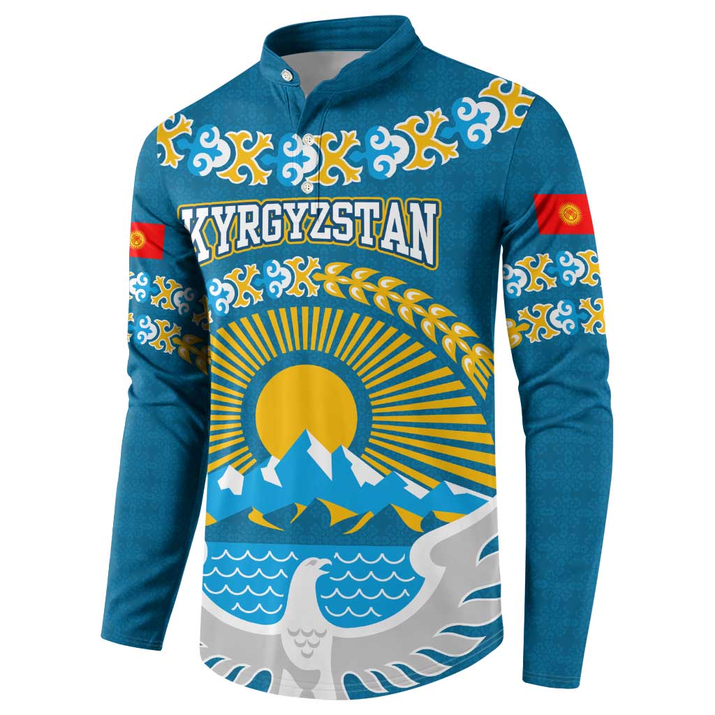 Kyrgyzstan Mountain Sunrise Button Sweatshirt with Blue with Eagle, Sun, and National Flag Design