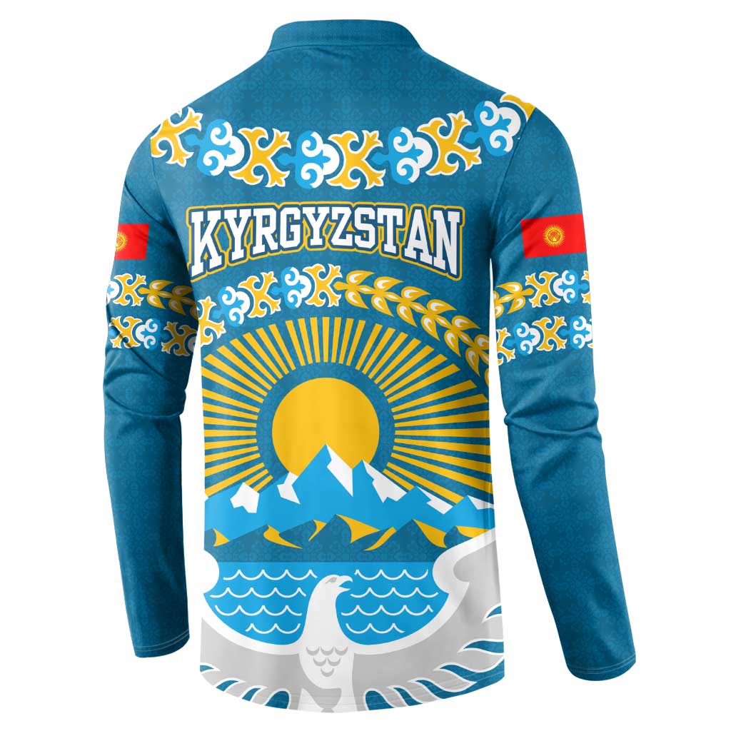 Kyrgyzstan Mountain Sunrise Button Sweatshirt with Blue with Eagle, Sun, and National Flag Design