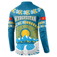 Kyrgyzstan Mountain Sunrise Button Sweatshirt with Blue with Eagle, Sun, and National Flag Design