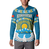 Kyrgyzstan Mountain Sunrise Button Sweatshirt with Blue with Eagle, Sun, and National Flag Design