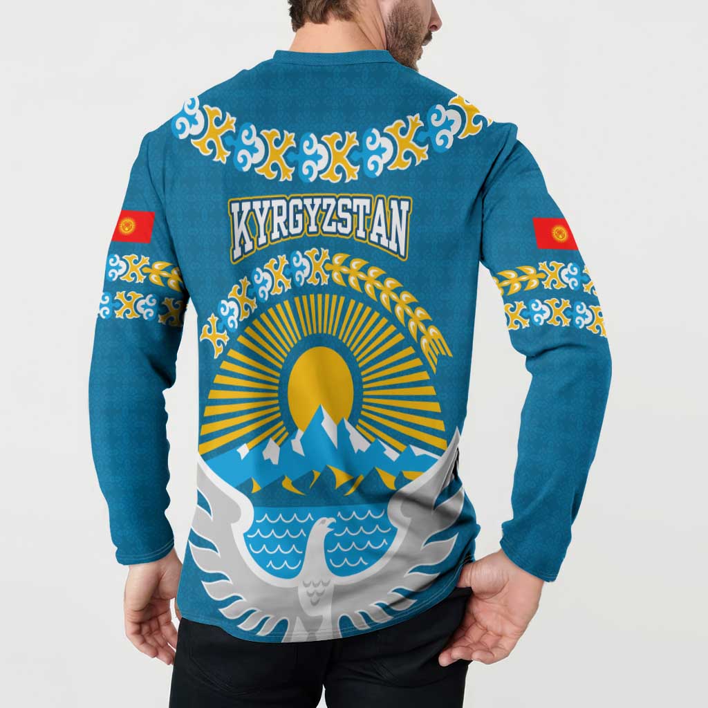 Kyrgyzstan Mountain Sunrise Button Sweatshirt with Blue with Eagle, Sun, and National Flag Design